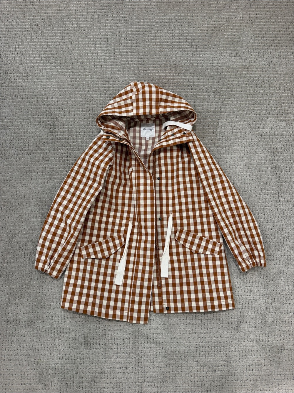 Madewell Brown & White Gingham Hooded Raincoat